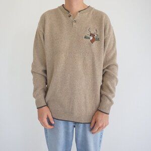 Vintage Croft & Barrow Deer Embroidered Henley Sweater Tan Cabincore Outdoors L